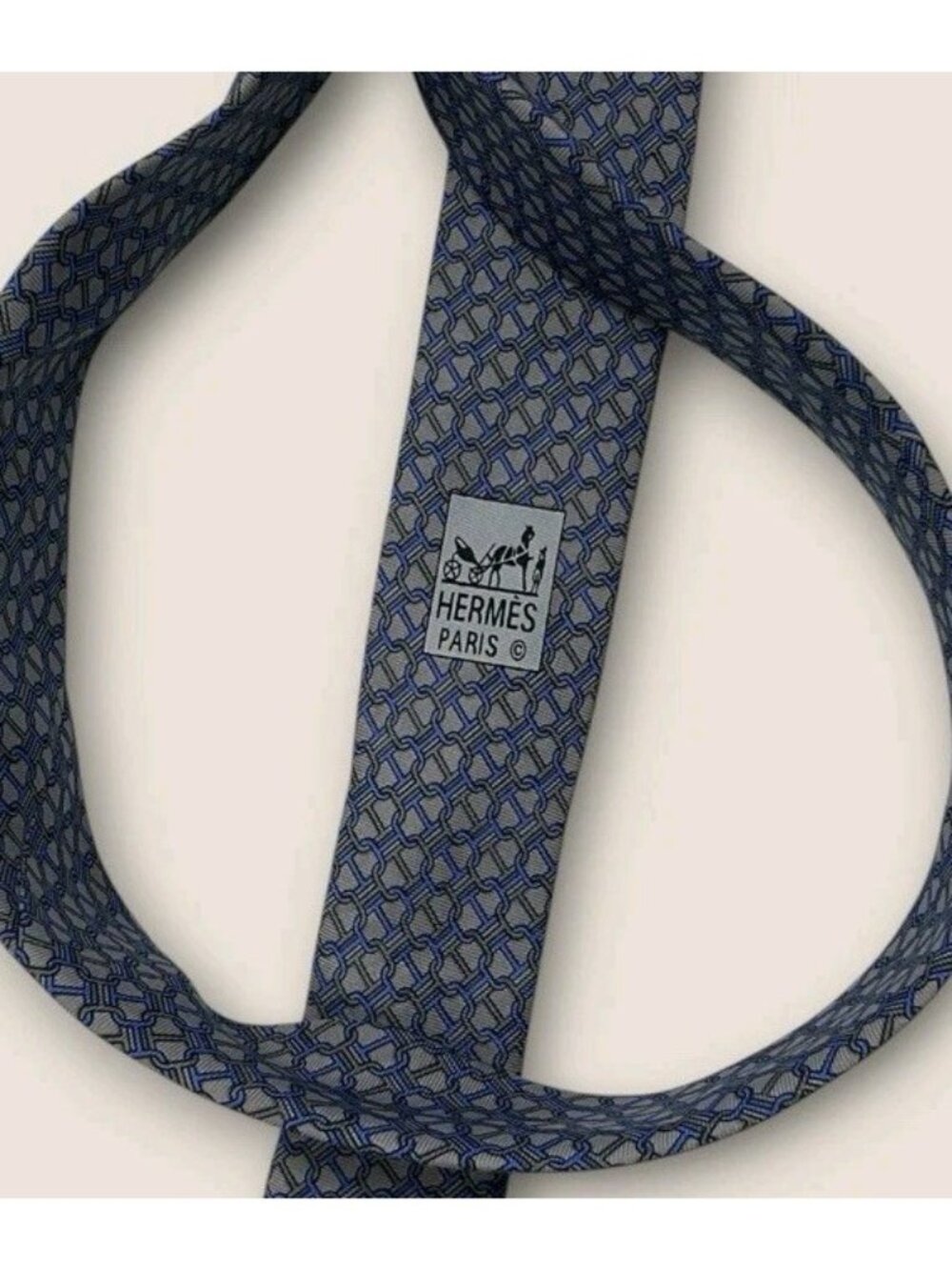 HERMÈS 7932 MA Silk Tie FRANCE Gray Blue Geometric Monogram H W:3.5" EUC - Picture 4 of 6